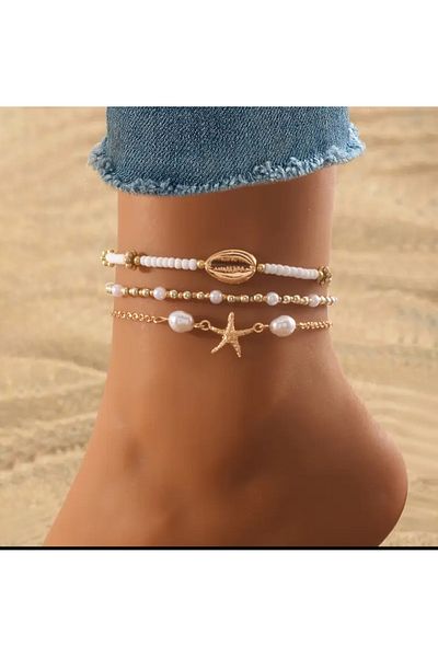 Home Set of 3 Bohemian Sea Themed Anklet – Shell, Star and Pearl Detailed
