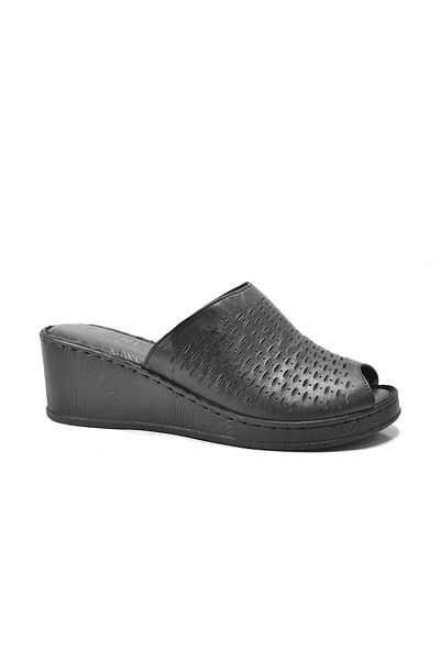 Onlo Ayakkabı Onlo Shoes K-87 Genuine Leather Black & Beige Wedge Heeled Women's Slippers