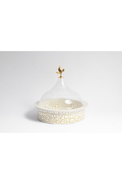 Bin Shihon صينية دائرية عميق بقاعدة خشبية بيج وغطاء اكرليك