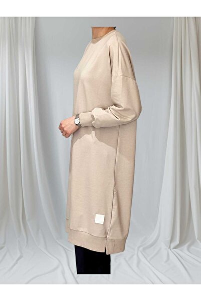 Soul Women's Beige Colored Crew Neck 2 Thread Combed Cotton Fabric Knee Length Tunic 30645