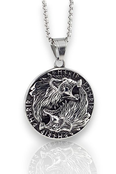 Solfera Viking Double Wolf Nordik Scandinavian Medallion Titanium Steel Men's Necklace Q0966