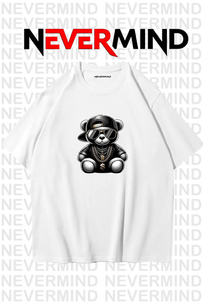 NEVERMIND تي شيرت أسود كبير الحجم للرجال - مطبوع عليه دب الهيب هوب، طراز أزيا...