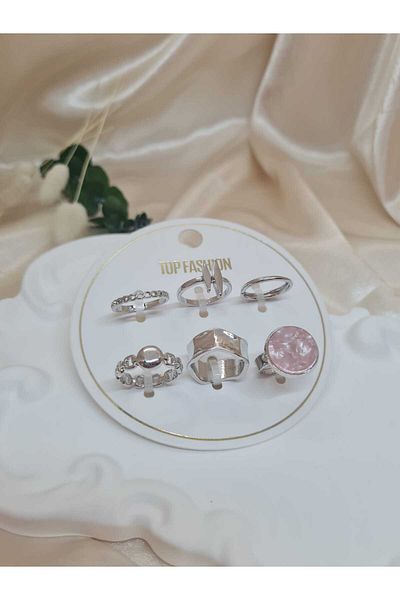 ZEYM Set of 6 Silver Color Adjustable Rings – Minimal & Retro Design