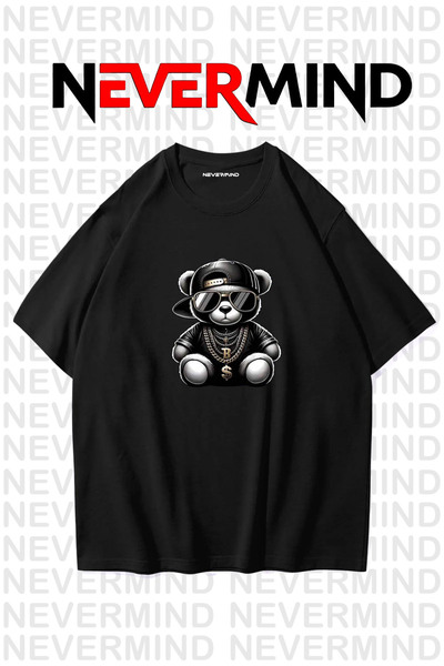 NEVERMIND Tricou negru supradimensionat pentru bărbați – Hip Hop Bear cu imprimeu , stil de modă de stradă