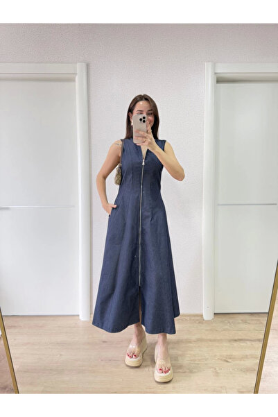 velmorafashion Velmora Premiumjeans Denim Front Full Zipper Long Dress - Blue