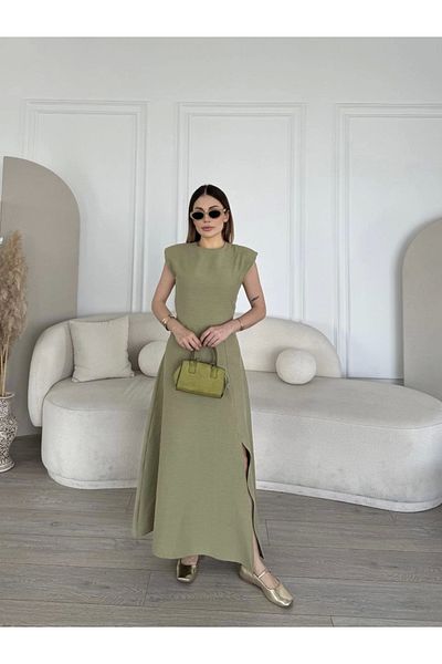 Kadınle Linen Side Slit Long Dress Zero Sleeve Dress - Green