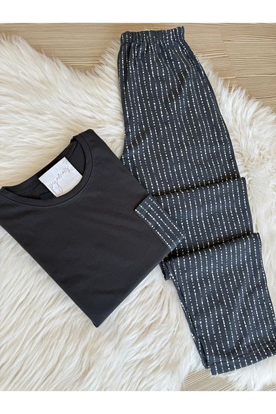 Pijamacs Anthracite Polka Dot Patterned Pocket Detailed Cotton Short Sleeve Men's Pajama Set