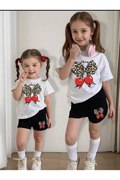 VESTIR BIEN Ribbon Cherry Printed Summer White Black 100% Cotton Children's Set