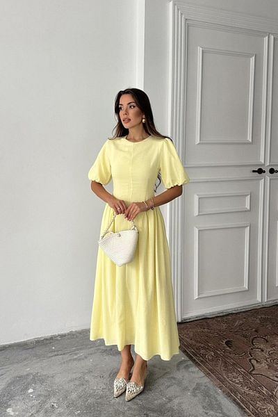 modaserdem Yellow Tie Back Gathered Linen Dress