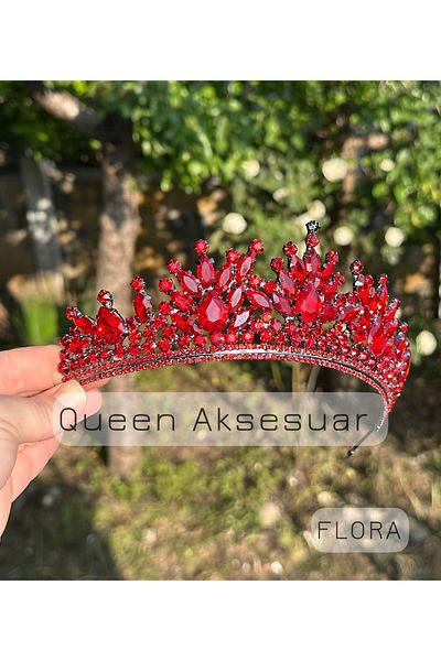 QUEEN AKSESUAR Flora Ruby Red Crystal Stone Luxury Design Engagement Bridal Tiara Metal Crown with Peaked Authentic Motif