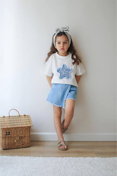 MİA SHİNE S Girl's Tshirt and Denim Shorts Skirt Combination Set