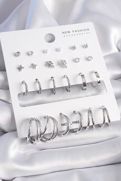merland benvecocuk Brass Silver Color Zircon Stone 12 Pair Earring Set - Lisinya