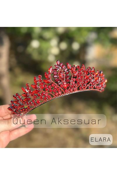 QUEEN AKSESUAR Elara Ruby Red Crystal Stone Luxury Design Engagement Bridal Tiara Metal Crown with Peaked Authentic Motif