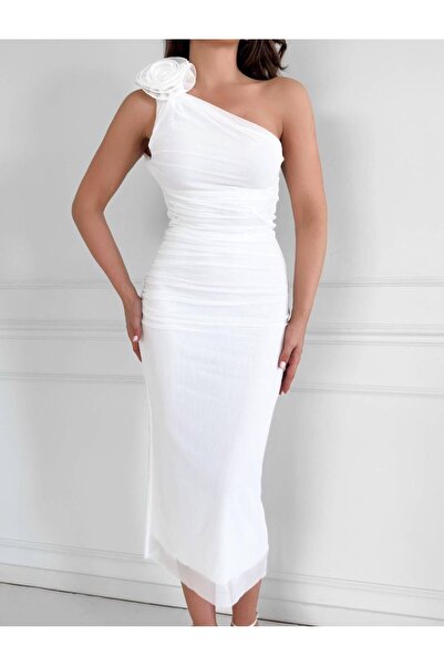 mafdress Rochie de seară midi cu detaliu din tul cu broșă florală detașabilă albă pentru femei Rochie de absolvire