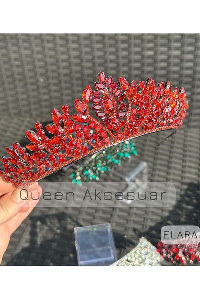 QUEEN AKSESUAR Elara Ruby Red Crystal Stone Luxury Design Engagement Bridal Tiara Metal Crown with Peaked Authentic Motif