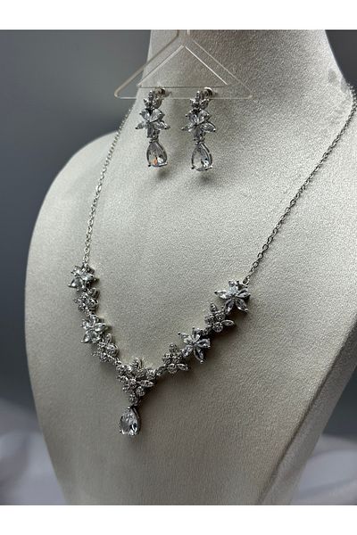 HADRA ACCESSORİES Flower Model Zircon Evening Dress Necklace Earring Set Bridal Jewelry Set Engagement Set Wedding Set
