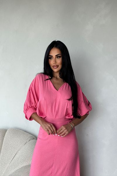 LİLA İSTANBUL Rochie de vară de culoare uni cu decolteu în V și detaliu cu mâneci balon