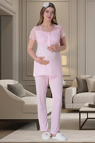 By Mecit Pijama طقم بيجامة للحوامل بأكمام قصيرة ومزين بالدانتيل للنساء