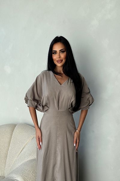 LİLA İSTANBUL V Neck Slit Detail Balloon Sleeve Solid Color Summer Dress Gray