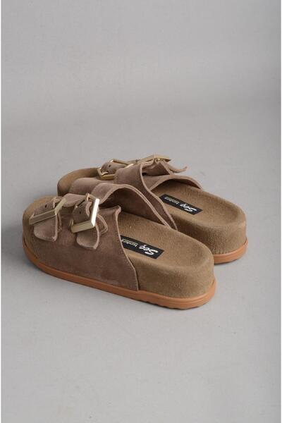 SEÇ KUNDURA Seç 8145 Genuine Leather Double Band Thick Sole Women's Slippers Mink Suede