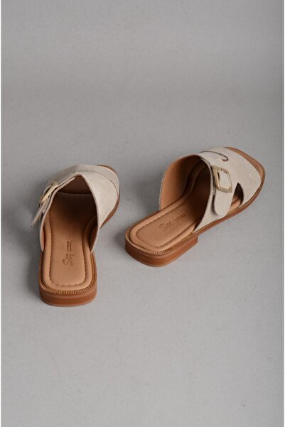 SEÇ KUNDURA Seç 16230 Genuine Leather Women's Slippers Beige Suede
