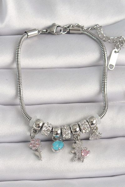 merland benvecocuk Brass Silver Color Chain Dangle Zircon Stone Teddy Bear Figure Flower Detail Women's Bracelet - Lisinya