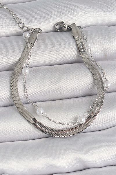 merland benvecocuk 316L Steel Silver Color 2-Piece Italian Chain Pearl Detail Women's Bracelet - Lisinya
