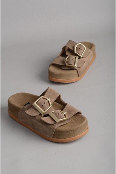 SEÇ KUNDURA Seç 8145 Genuine Leather Double Band Thick Sole Women's Slippers Mink Suede