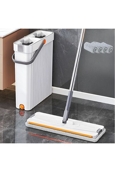 Herum Set mop plat și găleată, 2 găleți, cu ventuze, plastic, 4 lavete din microfibră