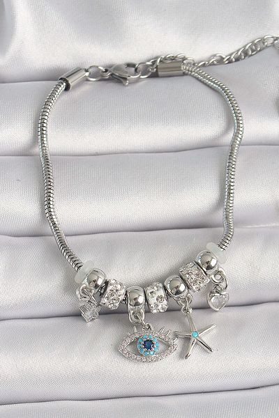 merland benvecocuk Brass Silver Color Chain Dangle Zircon Stone Eye Figure Star Detail Women's Bracelet - Lisinya