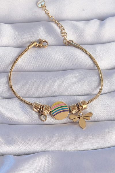 merland benvecocuk 316L Steel Gold Color Zircon Stone Dragonfly Bracelet with Rainbow Design - Lisinya
