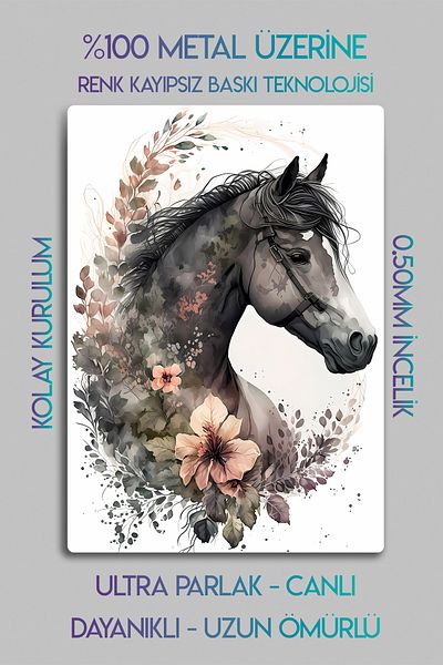 DekorHane Metal Print - Floral Horse Painting, Decorative Artistic Glossy Sheet, Nail-Free Mounting
