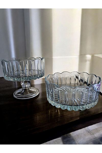 AYZ HOME Cut Crystal Glass 2-Piece Presentation Bowl Set / 16cm with Foot -19 cm Without Foot. 100% Handcrafted