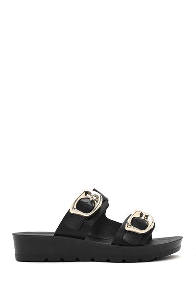 Derimod Women's Black Double Buckle Thick Soled Slippers 25Sfe464018