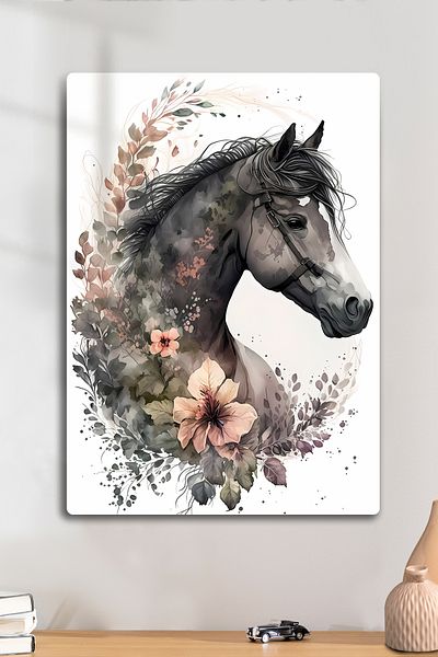 DekorHane Metal Print - Floral Horse Painting, Decorative Artistic Glossy Sheet, Nail-Free Mounting