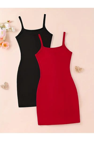 İBRE Cotton 2-Piece Combination Red and Black Dress