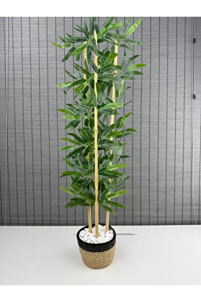Bahçem Dekoratif Yapay Yapraklı Hasır Sea Grass/Siyah Koton Saksılı 3 Gövde Bambu Ağacı 90 Cm
