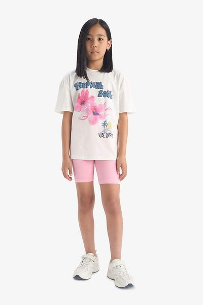 DeFacto Girls' 2-Piece Set Printed Short-Sleeved T-Shirt Biker Leggings E4757A825Sm