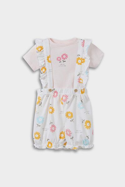 DeFacto Baby Girl 2 Piece Set Floral Combed Cotton Short Sleeve T-Shirt Salopet E8367A525Sm