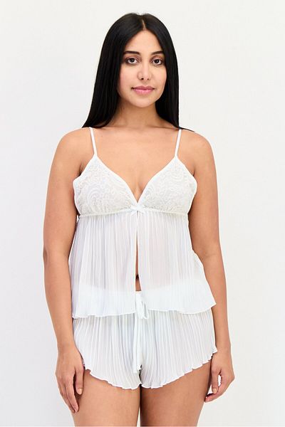 Flora Women 2 Pieces Pleated Top And Bottom Sleepwear Set, White
