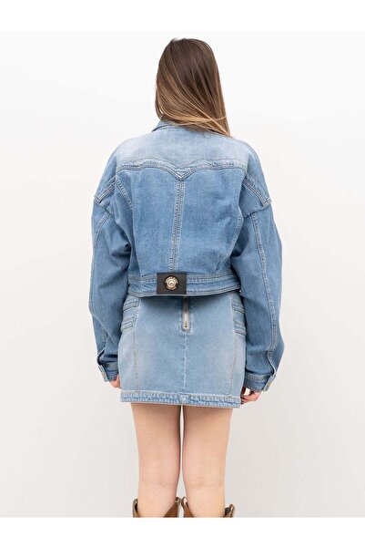 Versace Women's Comfortable Fit Long Sleeve Button Closure Pocket Detailed Crop Blue Jacket 78Has450Cdwa8-904