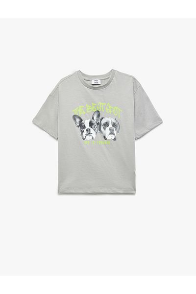 Koton New Season Dog Printed Short Sleeve Crew Neck Cotton Oversize T-Shirt