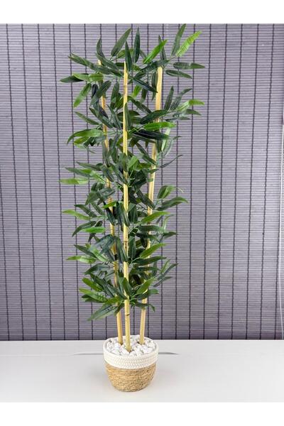 Bahçem Dekoratif Yapay Yapraklı Hasır Sea Grass/Beyaz Koton Saksılı 3 Gövde B...