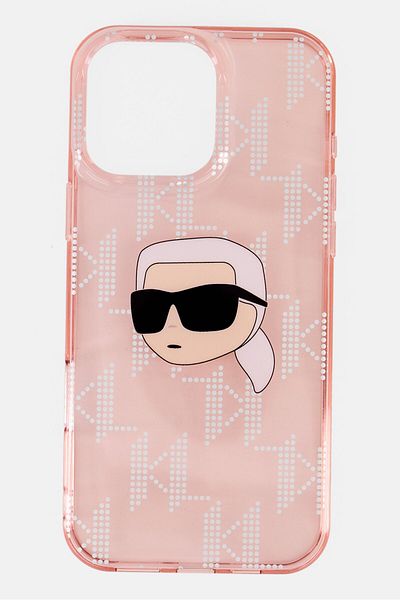 Karl Lagerfeld غلاف هاتف iPhone 16 Pro Max مطلي بالكهرباء بشعار كارل هيد، وردي