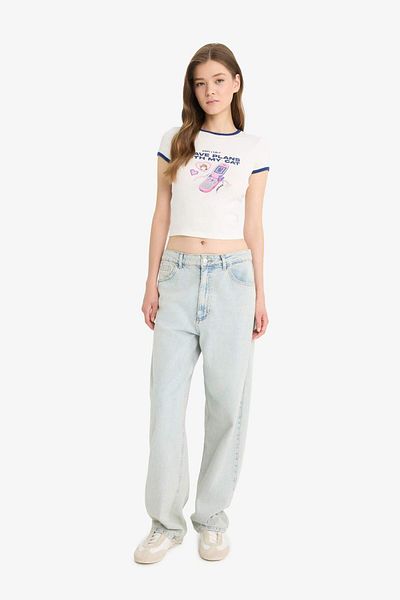 DeFacto Tricou cu mânecă scurtă cu nervuri imprimate cu decolteu rochie Coool F4792AX25SM