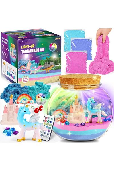 Yelajoy DIY Unicorn Terrarium Kit Toy, 9-colour LED night light with remote control, Gift for Kids 3+