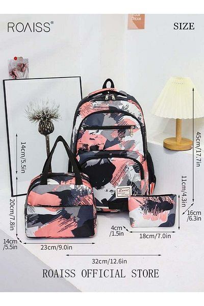 ROAISS 3-Piece Large Capacity Backpack Suit Camouflage Color Matching with Lunch Box Pencil Case Campus Sch