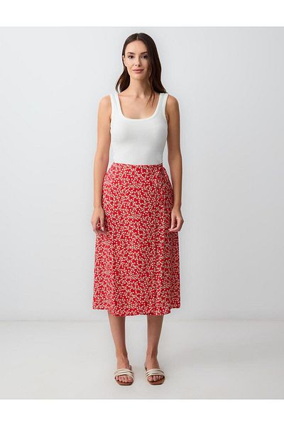 Jimmy Key Red Regular Waist Floral Patterned Woven Midi Skirt