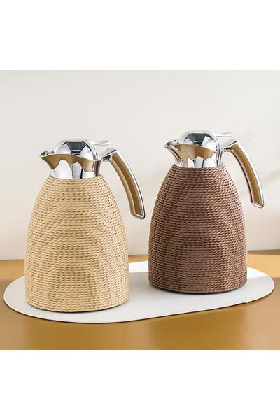 Generic Bien Servi Steel Vacuum Flask with Rope Beige and Silver 1 Liter V-M80510-BT-R-B