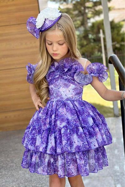 Riccotarz Girls' Sheer Tulle Neckline and Flounced Shoulder Bust Sleeveless Purple Floral Dress